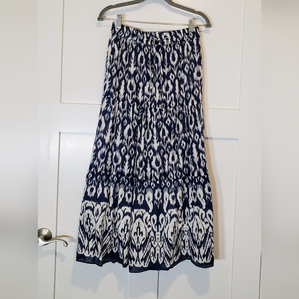 Mlle Gabrielle Maxi Skirt Tiered Lined 100% Cotton Blue White Print Size Small